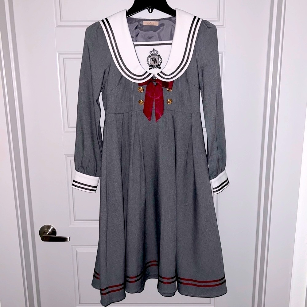 Amavel Lolita Japanese Anime Sailor School Girl Cosplay Long Sleeve Gray Dress S